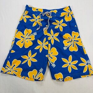 Roundtree & Yorke Mens Blue Yellow Hibiscus Floral Shorts Swim Trunks Size 32